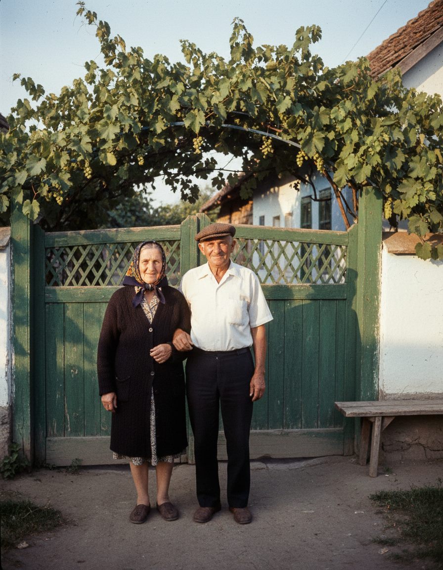 Poza restaurată: bunicii în fața porții verzi, în culori naturale